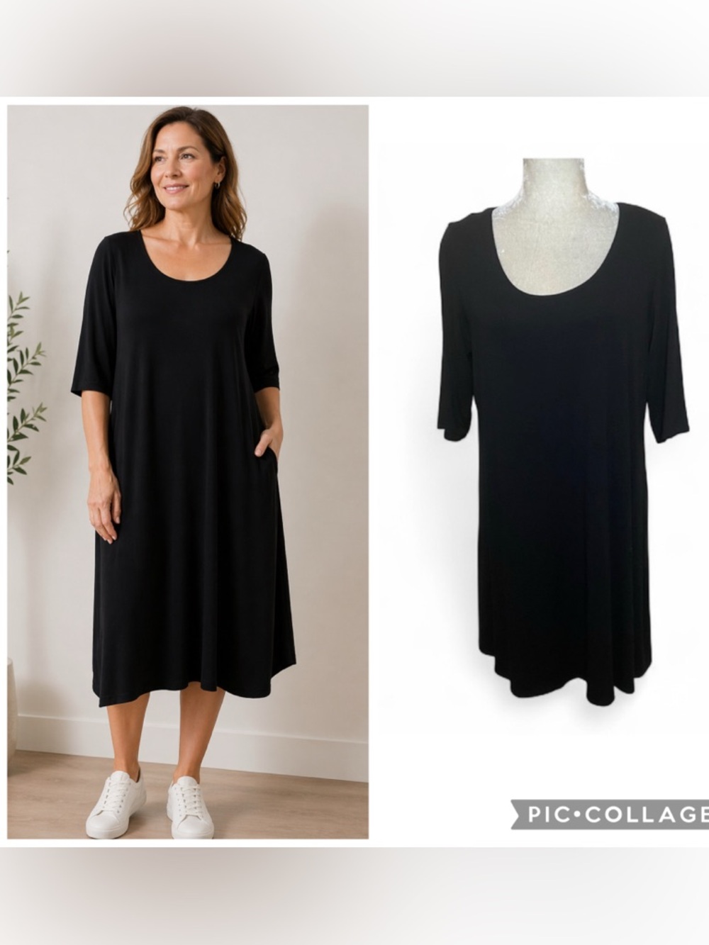 Eileen Fisher Black 1/2 Sleeve Pullover Shift Dress Viscose Knit Dress Sz Large